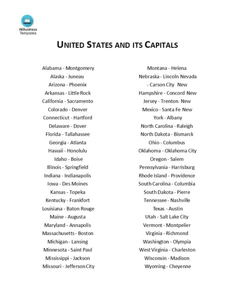 Free Printable List Of 50 States And Capitals, 11 Best Images of 50 States And Capitals List ...