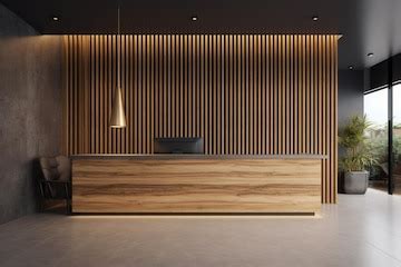 Premium Photo | A reception desk in a hotel lobby with a wooden wall behind it.