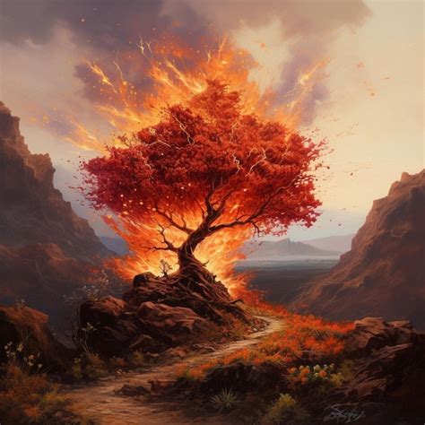 Premium AI Image | A painting of a tree with fire on it