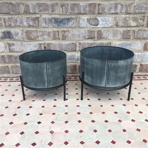 Set Of 2 Galvanized Round Metal Planters On Stand Modern | Etsy