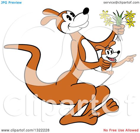 Clipart of a Cartoon Kangaroo Holding Flowers and Hopping with a Joey in Her Pouch - Royalty ...