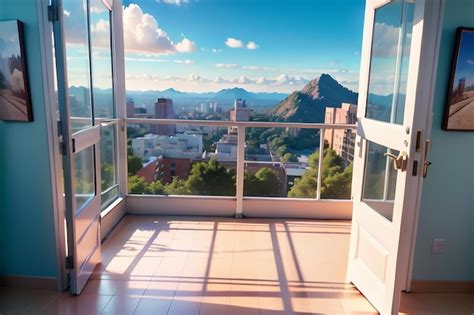 Premium AI Image | A balcony with a view of a mountain and a blue sky.