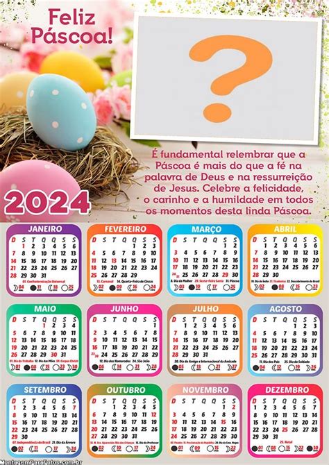 Calendário 2024 Mensagem de Feliz Páscoa Montagem de Foto | Colagem de Foto