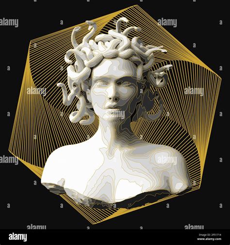 3D rendering of the Medusa Statue with yellow outlines and geometric shapes on a black ...