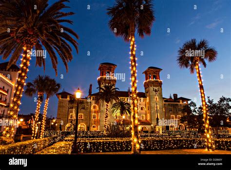 Christmas lights decorate the Lightner Museum in St. Augustine, Florida. The building was ...