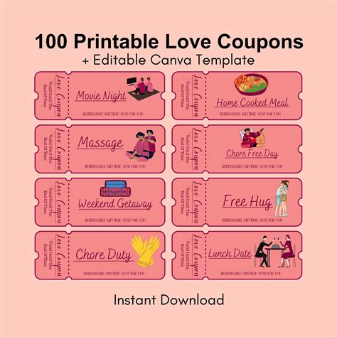 100 Printable Love Coupons for Him and Her, Couple Coupons, Valentines Day Gift, Romantic ...