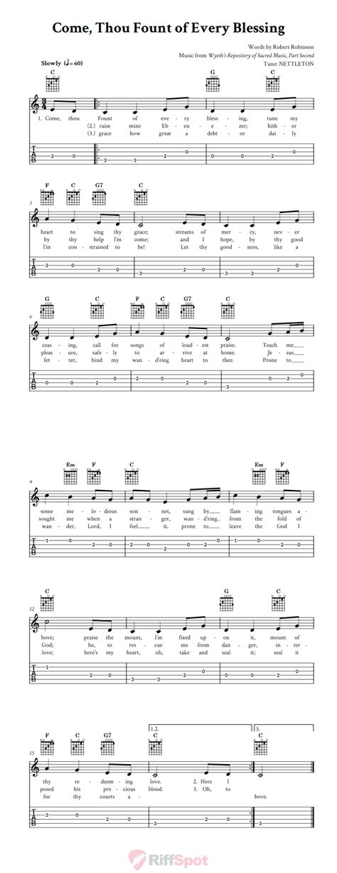 Come Thou Fount of Every Blessing: Chords, Sheet Music, and Tab for Guitar with Lyrics