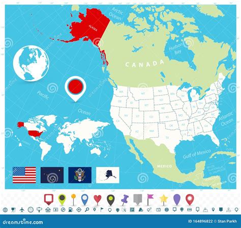 Location of Alaska on USA Map with Flags and Map Icons Stock Vector ...