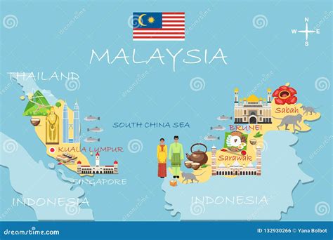 Stylized Map of Malaysia. Travel Illustration with Malaysian Lan Stock ...