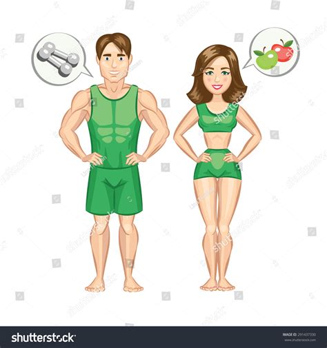 Cartoon Healthy Sporty Woman Man Weight: vector de stock (libre de ...