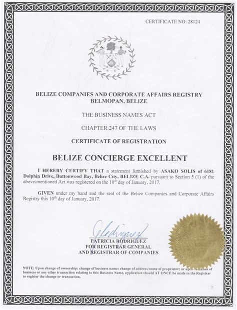 Certificate of Company Registration | Belize Concierge Excellent