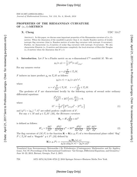 (PDF) Properties of the Riemannian Curvature of (α, β)-Metrics