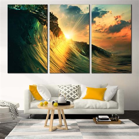 Ocean Waves Canvas Wall Art, Green Wave Falling 3 Piece Multiple Canva – Dwallart