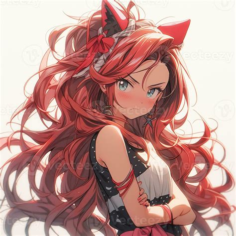 Pretty anime girl with red hair pulled back. Created with Generative AI 27549301 Stock Photo at ...