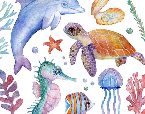 Watercolor Sea Graphics Under Water Clipart Sea Animals Digital ...