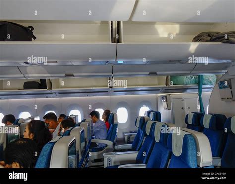 Saigon, Vietnam - May 22, 2019. Interior of a Vietnam Airlines Airbus A350-900 airplane in ...