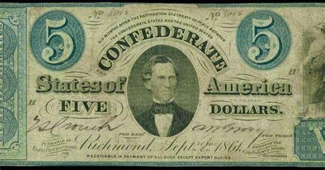 Confederate Currency 1861 5 Dollar Treasury Bill Christopher Memminger T-33|World Banknotes ...