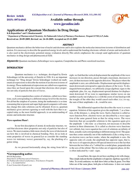 (PDF) Applications of Quantum Mechanics In Drug Design