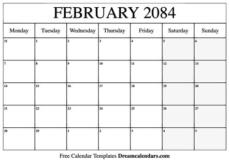 February 2084 Calendar - Free Printable with Holidays and Observances