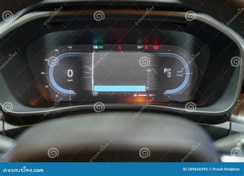 Modern EV Car Illuminated Dashboard Closeup Stock Image - Image of ...