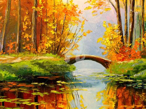 Bridge In The Autumn Forest, Painting by Olha | Artmajeur