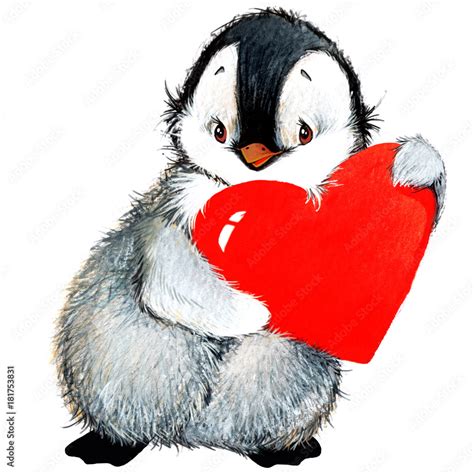 Valentine day. cute penguin and red heart . watercolor drawing Stock ...