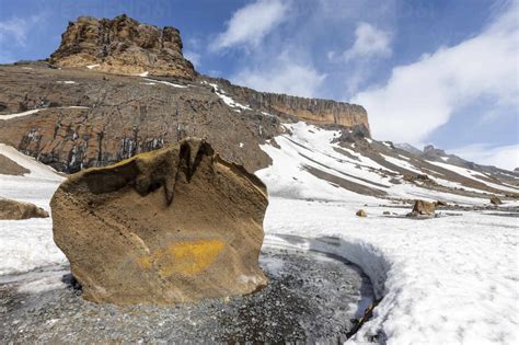 Ventifacts blown by the wind into the soft tuff material at Brown Bluff, Antarctic Sound ...