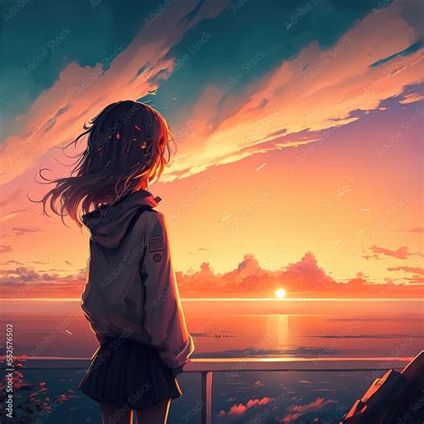 Anime girl watching the sunset. 3d illustration Generative AI Stock Illustration | Adobe Stock