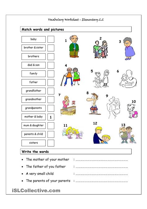 Vocabulary Matching Worksheet - Elementary 2.2 (Family) | Vocabulary worksheets, Family ...