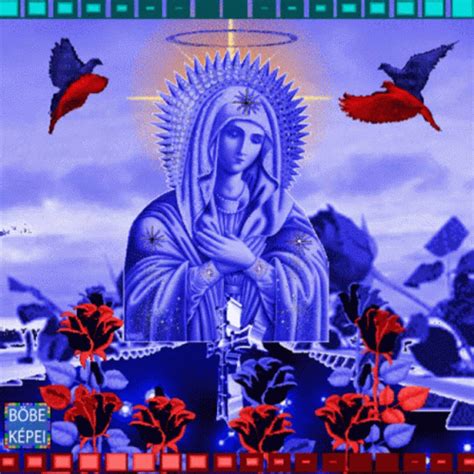 Virgin Mary Surrounded by Red Flowers and Birds