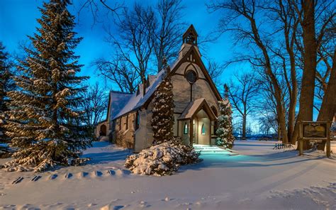 Kirche, Winter, Schnee, Bäume, Nacht 1920x1200 HD Hintergrundbilder, HD, Bild