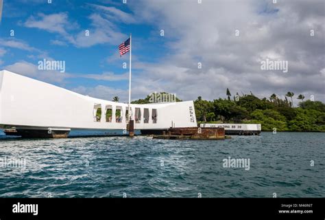 USS Arizona Memorial, USS Arizona BB 39 cement mooring quay, and gun turret #3 at World War II ...