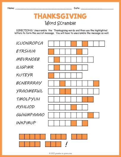 Thanksgiving Word Scramble