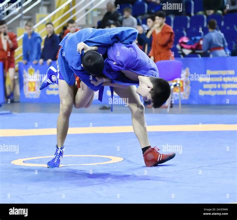 Orenburg, Russia - February 16, 2019: Boys competitions Self-defense without weapons in the ...