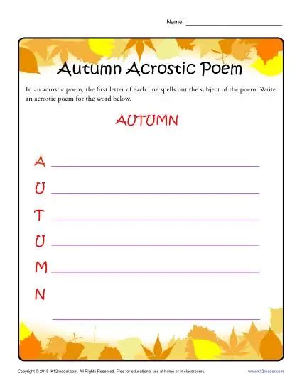 Autumn Worksheets | Acrostic Poem Activity for Students