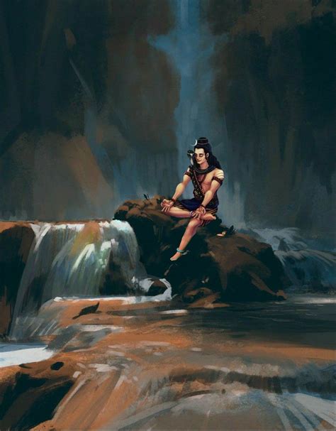 a painting of a woman sitting on top of a rock next to a waterfall in ...