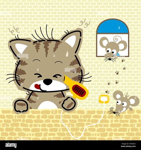 Little cat holding hair dryer with two mice on bricks wall background, vector cartoon ...