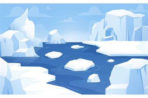 Cartoon arctic background, floating icebergs antarctica land