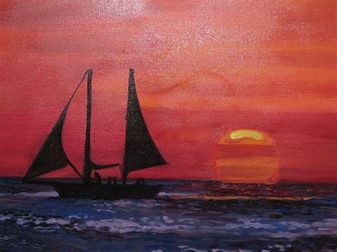 Red Sails in the Sunset - Acrylic Canvas Painting