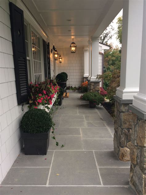 My front porch with bluestone patio, window boxes, boxwood topiaries and custom shutters ...