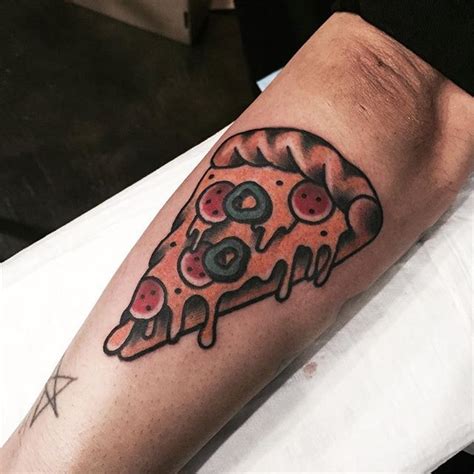 Yummy traditional slice of pizza tattoo inked on the left forearm | Pizza tattoo, Traditional ...