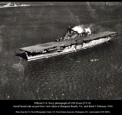 Asisbiz CV-9-USS-ESSEX 9,USS,Essex,aerial,photo,taken,at,Hampton,Roads,1st,February,1943