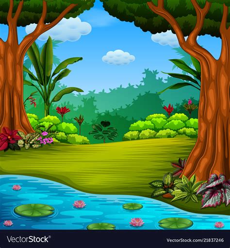 Beautiful forest with the lake and lotus Vector Image