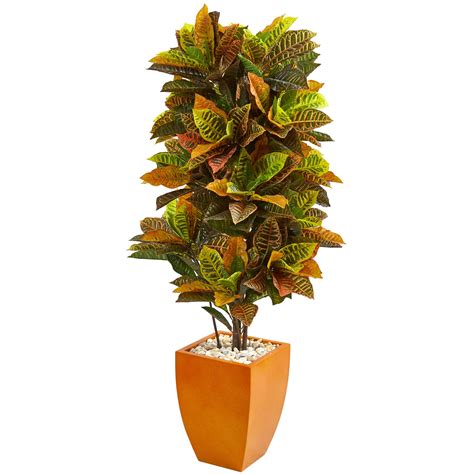 Nearly Natural 5.5 ft. Croton Artificial Plant in Orange Planter (Real ...