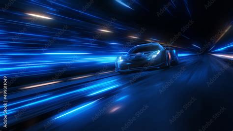 Speeding Sports Car On Neon Highway. Powerful acceleration of a supercar on a night track with ...