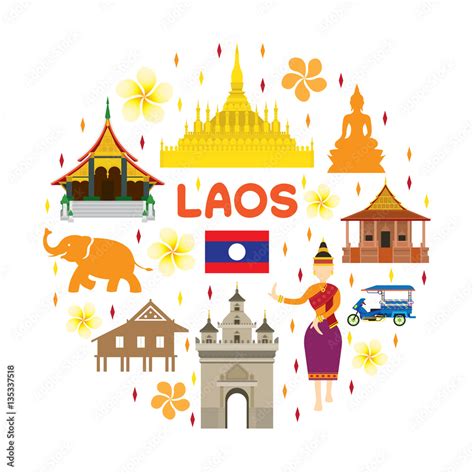 Laos Travel Attraction Label, Landmarks, Tourism and Traditional ...