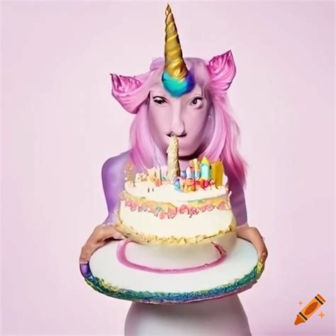 Realistic unicorn with a birthday cake on Craiyon