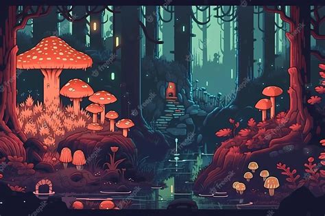 Premium Photo | A mystical forest with glowing mushrooms digital art illustration