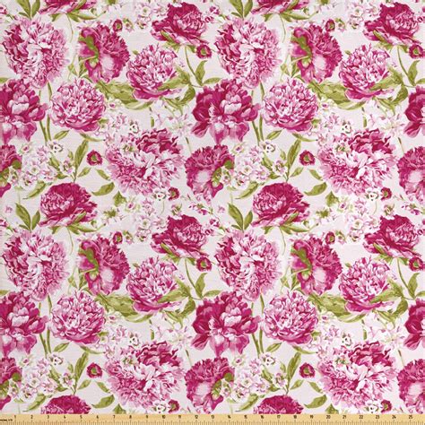 Flowers Fabric by The Yard, Floral Theme Vintage Pink Peonies and Leaves Spring Nature Pattern ...