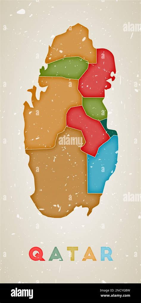 Qatar map. Country poster with colored regions. Old grunge texture ...